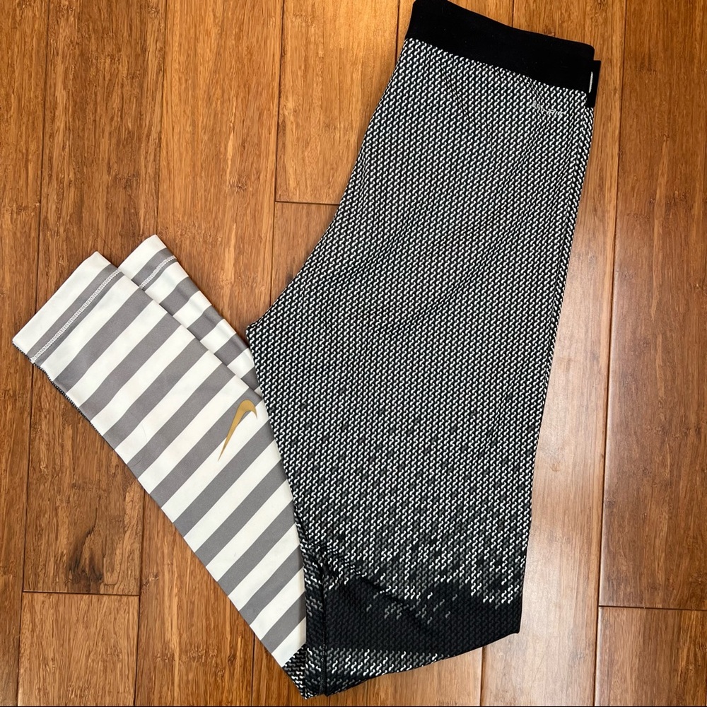 Nike Pro Sweater Print leggings 30” Black White Gray Gold Stripes
